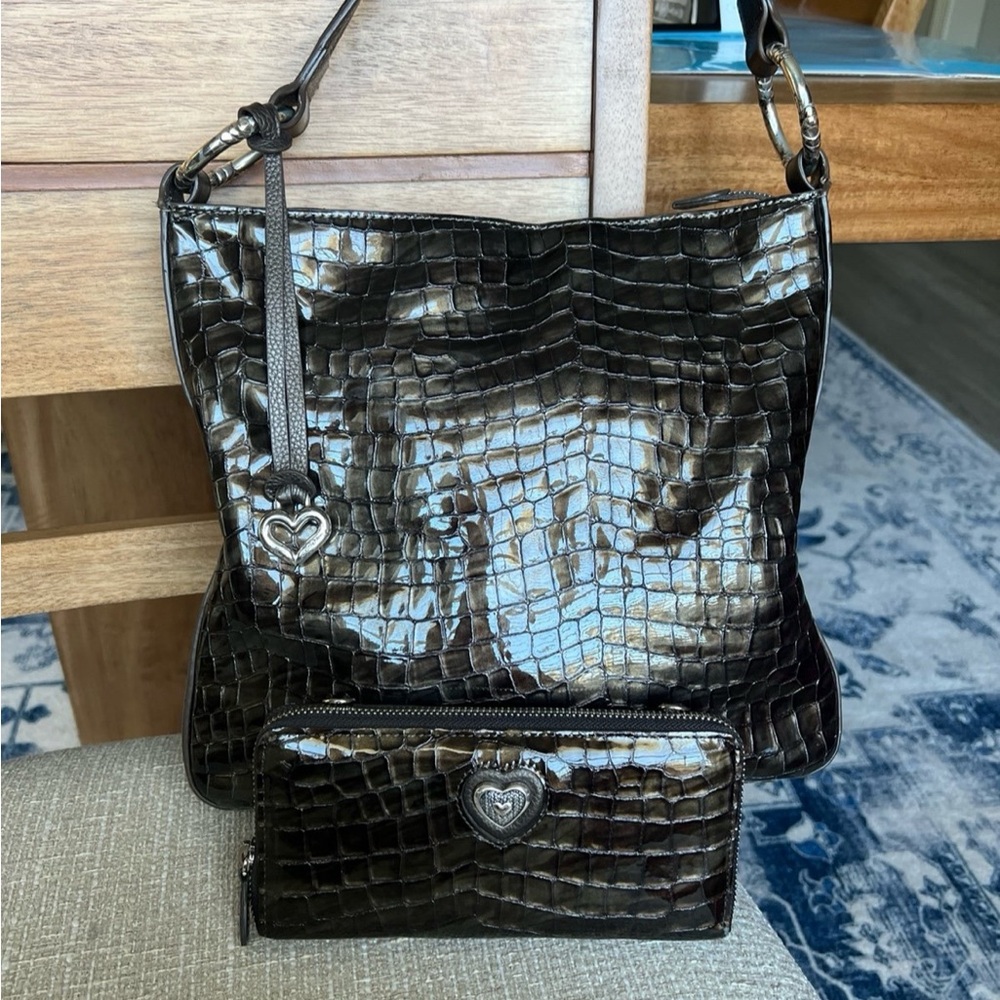 Brighton Crocodile Shiny Dark Brown Leather Shoulder Bag with Matching Wallet